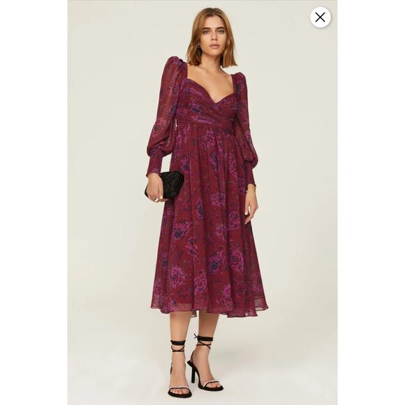 B39 Badgley Mischka Midi Dress 4 Floral Romantic Cottagecore Swiftie Folklore - Picture 1 of 13